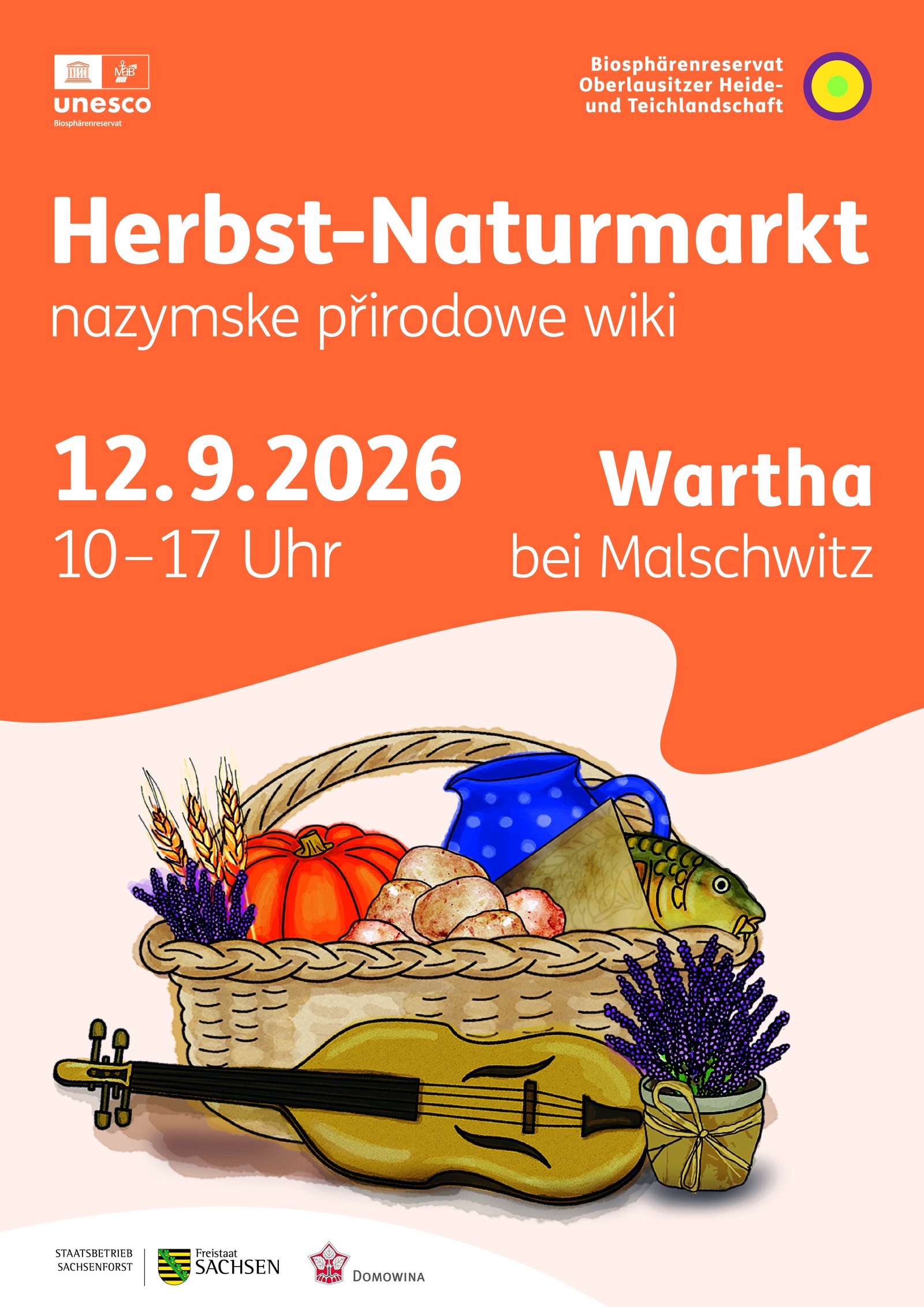Plakat mit orangefarbenem Kopf, Datum 12.9.2026, darunter ein gezeichneter Korb mit Kürbis, Kartoffeln, Fisch und Geige
