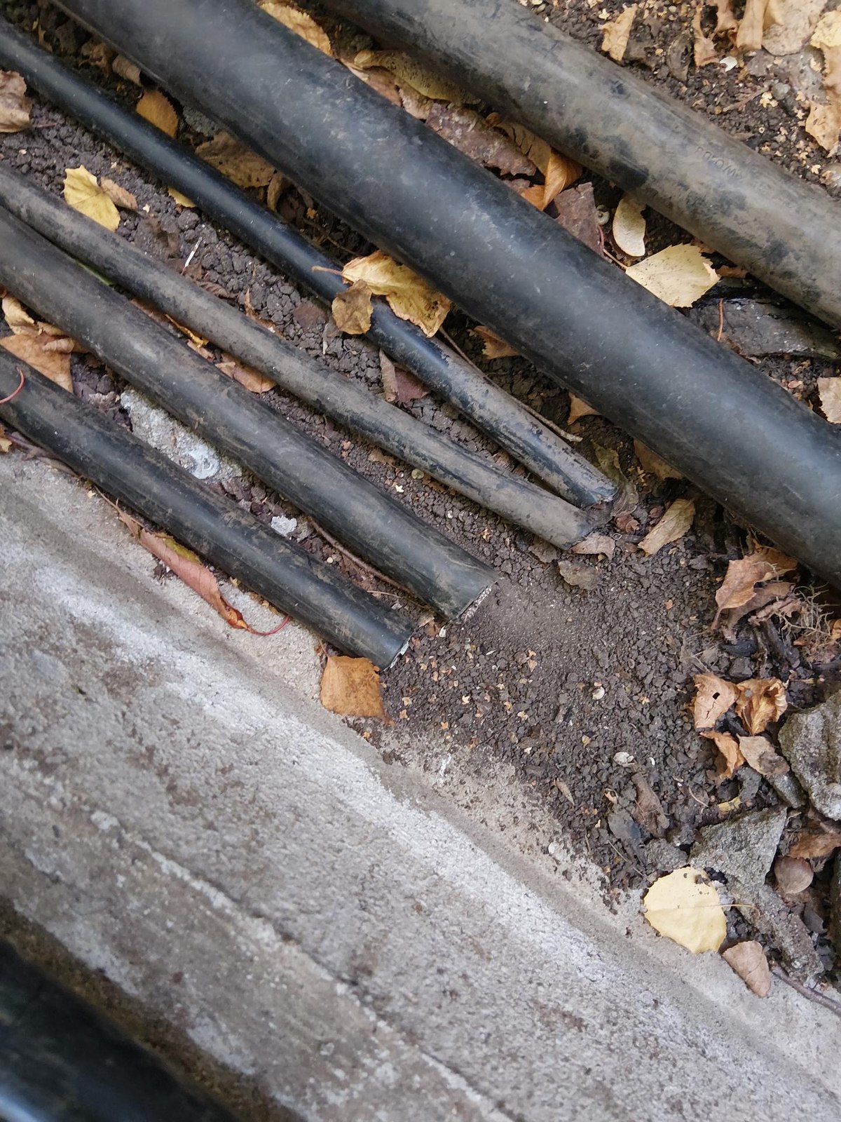 Mehrere dicke schwarze Kabel liegen durchtrennt in einem offenen Betonschacht neben dem Gleis