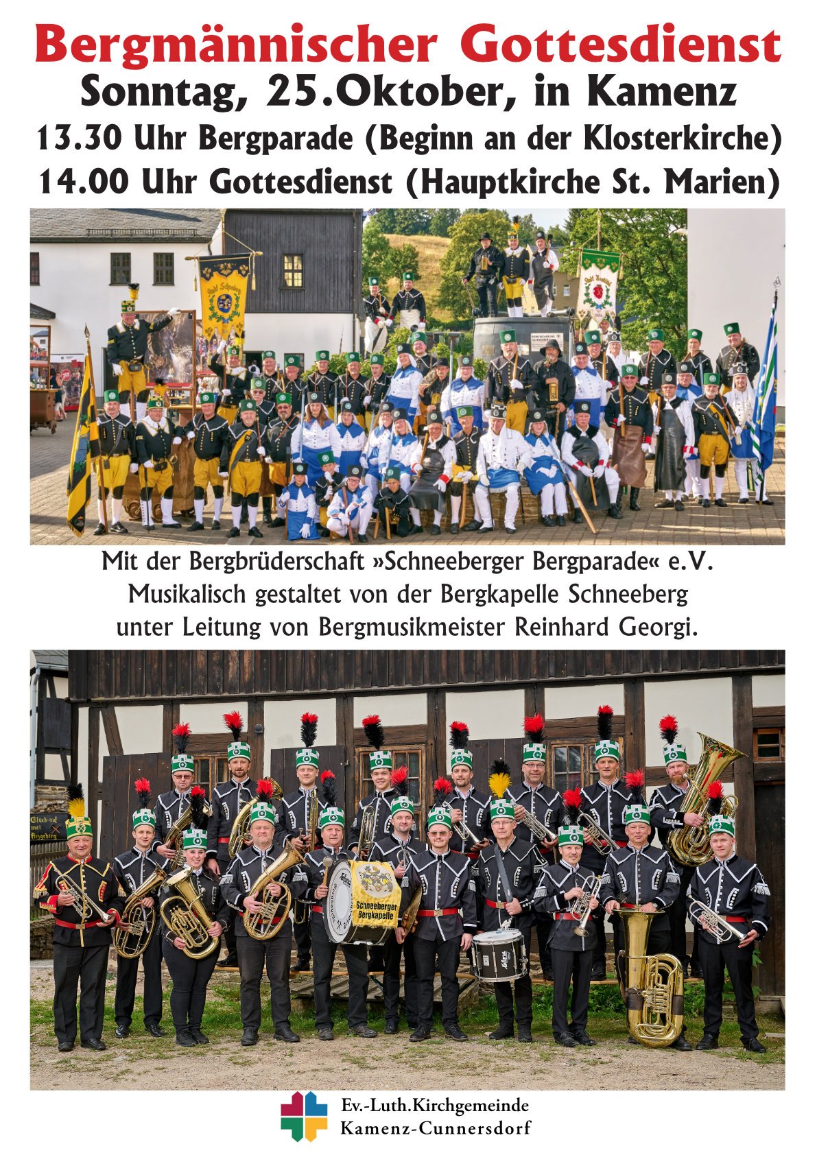 Plakat Bergmännischer Gottesdienst Kamenz mit Fotos der Bergbrüderschaft und der Bergkapelle Schneeberg